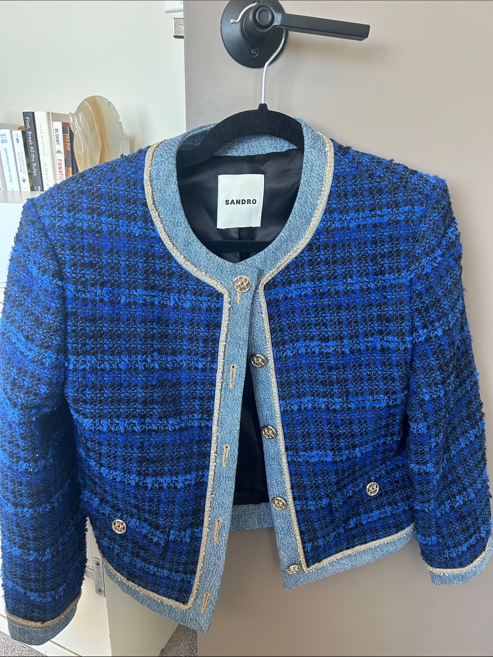 Sandro Royal Blue and Black Tweed Jacket with Gold Trim